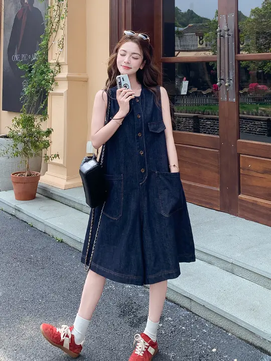 デニム風ノースリーブオールインワン【夏用・フィット・ハイウエスト・背中ストラップ】（セットアップ対応）