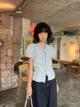 デザインストライプバブルスリーブシャツ【フリル襟・ウエストマーク・夏用・短袖】