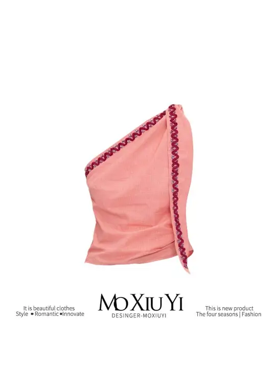 Mo ピンク×チェック柄 ひも付きオフショルダートップス【ダイヤモンドパターン・スリムフィット・女子用】