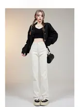 ストレートデニム レディース アイボリー ハイウエスト 着痩せ ベーシック カジュアル 秋冬「Forever 21」