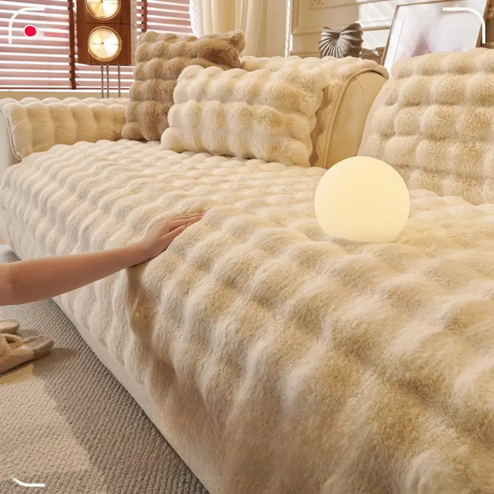 フレンチヴィンテージ風 うさぎの毛並みソファクッション【防滑・固定タイプ】