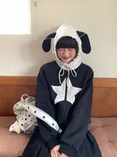 黒い小犬と星のデザインのゆったりフード付きパーカ【女性用・短丈・長袖】