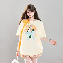 アメリカンレトロフラワー刺繍のリボン付き短袖Tシャツ【ルーズフィット・ショルダーオープン・夏用】