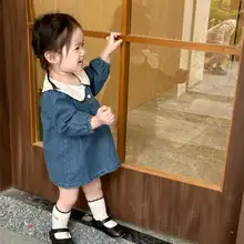 デニムワンピース キッズ ガールズ 長袖 ピーターパンカラー ゆったり 肌触り良い かわいい おしゃれ 秋物