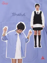 SHAHD 秋用 長袖シャツ レディース【デザイン性・カジュアル・ゆったりサイズ・ブルー】