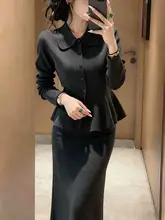 優雅なデザインのダークグレーコーディネート【翻領・ウエストシェイプ・通勤ファッション】（セットアップ対応）