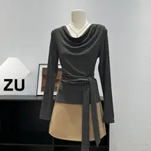 デザイン性のあるドレープネック長袖Tシャツ【女性用・秋先取り・ベーシックスタイル】