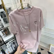 ハート刺繍付き レディースTシャツ【シンプル・綿・ワイドフィット・丸首・短袖・夏用】