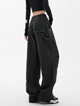 秋冬用 高腰ストレートワイドパンツ【黒色・デニム・工装デザイン・裾フリル】