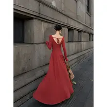 赤い羊毛のオフショルダーAラインドレス【ニット・フォーマル用・結婚式対応】