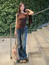 ハイウエストアメリカンスタイルのフレアデニムパンツ【女性用・スリムフィット・春夏用・ロング】