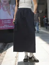 深青色ポケット付きワークスタイルミディスカート【ハイウエスト・スリット入り・春夏用】