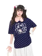 カートゥーンドットプリントのラウンドネック半袖Tシャツ【女性用・夏季・ゆったりシルエット】