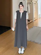 大きいサイズのシンプルで涼しげなワンピース【カラーブロック・フィット・夏用・マタニティ対応】（セットアップ対応）