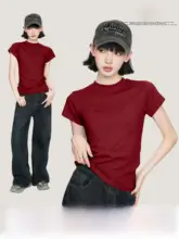 米国風 ビンテージワインレッドの肩出し半袖Tシャツ【レディース・ショート丈・純綿・フィットデザイン】