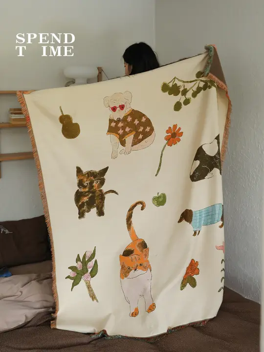 オリジナルアートデザインの猫柄ひざ掛け【ニット・ソファ用・インテリア装飾】