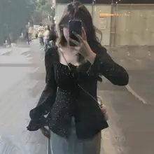 フレンチヴィンテージ風ドット柄長袖ブラウス【幅広サイズ・ボックスネック・春用】（セットアップ対応）