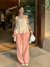 ワイドパンツ 女性 夏 半熟ピーチピンク ライセール麻 垂感プリーツ 独自デザイン