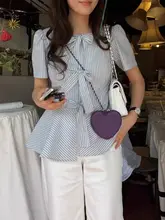 レトロデザインのストライプ半袖シャツ【リボン付き・フリルヘム・夏用】