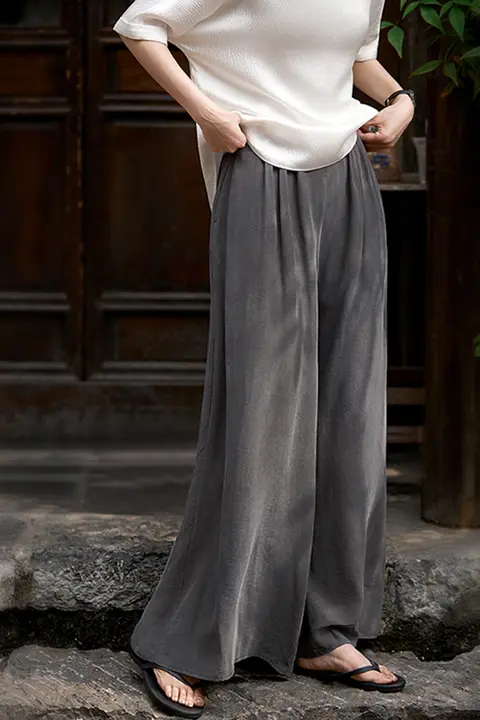 呼吸する天絲の砂洗い高腰大揺れワイドパンツ【女性用・エレガントデザイン】