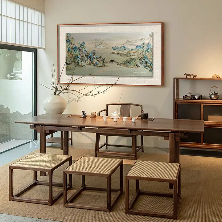 新中式千里江山図 手描き油絵【茶室・リビングの装飾に最適・寝室用】