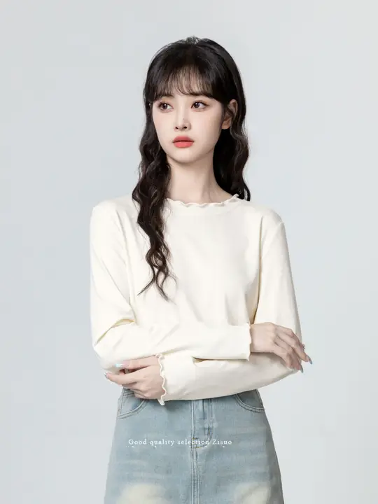 杏色 長袖Tシャツ【木耳辺デザイン・韓国風・普段使いに最適】