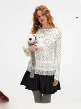 レトロデザイン 長袖Tシャツ【女性用・ドット柄・ウエスト絞り・秋用・ラウンドネック】