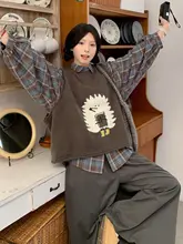 大きいサイズの女性用ファッション 秋季新作 ビンテージ風のゆったりしたハリネズミベスト【チェックシャツ・ランタンパンツ付き】（セットアップ対応）