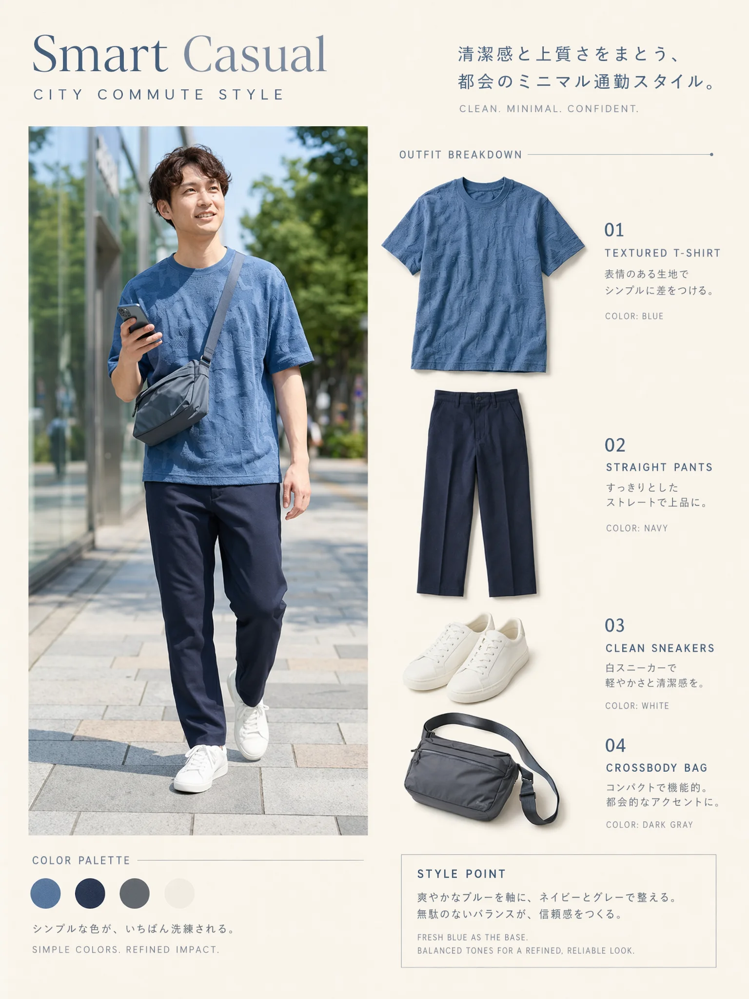 ネイビーのパンツにブルーの総柄Tシャツ、グレーブルーのショルダーバッグを合わせた夏のカジュアルコーデ