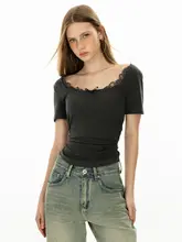 レース切替のリボン付きボックスネックウエストシェイプ短袖Tシャツ【刺繍デザイン・夏用・女性用】