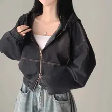 秋用 ビンテージ風 ダブルジッパー ポケット付き フード付き デニムジャケット【ゆったりデザイン】