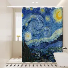 ヴァン・ゴッホ風アートデザインの防水バスカーテン【厚手・穴あけ不要・湿気分離】