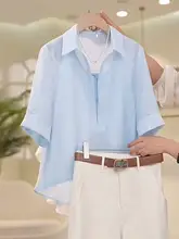リネンブルーシャツ【夏用・フレンチスタイル・翻領・UVカット・ゆったり中袖】