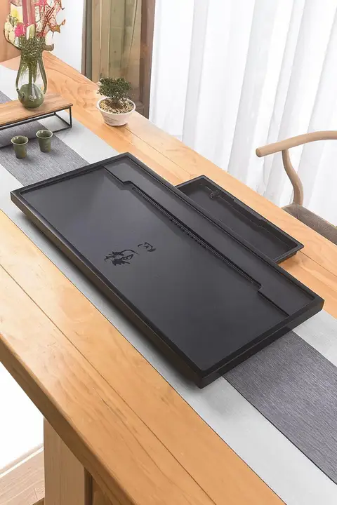天然ウ金石製茶盤【抽たん収納・水切り機能付き・リビング・オフィス用】