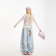 カートゥーン グラフィックプリント 長袖Tシャツ【女性用・アメリカンカジュアル・ゆったりシルエット・秋用・UVカット】