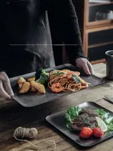 アンティーク風 マット仕上げ304ステンレス製トレー【長方形・ステーキ皿・西洋料理用】