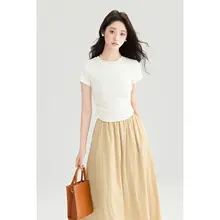 夏用半袖Tシャツ【プルオーバー・ラウンドネック・ストレッチ】とAラインスカート【ハイウエスト・ゆったりシルエット】（セットアップ対応）