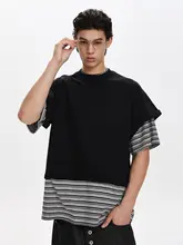 美式レトロストライプのジョイントデザイン半袖Tシャツ【ユニセックス・ゆったりシルエット・通勤向け】（セットアップ対応）
