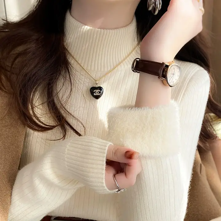 フランス風 ハイネックニットトップス【秋冬用・加毛・女性用】