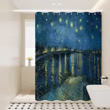 ヴァン・ゴッホ風アートデザインの防水バスカーテン【厚手・穴あけ不要・湿気分離】