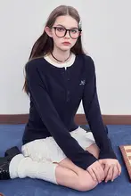 宝ブルーの切替デザイン！長袖ニットカーディガン【秋用・カジュアル・女性用】（セットアップ対応）