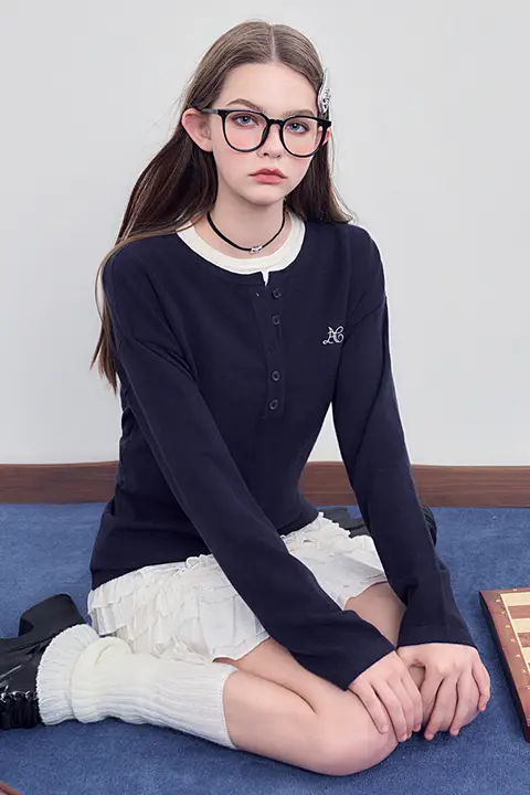 宝ブルーの切替デザイン！長袖ニットカーディガン【秋用・カジュアル・女性用】（セットアップ対応）