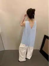 シック 背中開きデザインのブルーシャツ【夏用・ノースリーブ・ルーズフィット】（セットアップ対応）