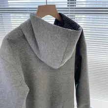 チェック柄デザインのフード付きアウター【ニットパッチワーク・フィット・カジュアル】