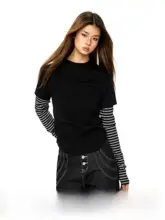 長袖Tシャツ レディース アメリカン風 ストライプ パッチワーク フェイクレイヤード ルーズ 着痩せ インナー 春物 「BLACKBB」