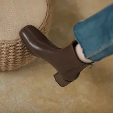 レディース 本革製 太ヒールショートブーツ【プレーントゥ・マーチンブーツスタイル・春秋用】