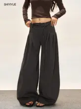 ウィメンズ春秋用ワイドレッグパンツ【ドレープ加工・ウエストひも・ポケット付き・フィット】（セットアップ対応）