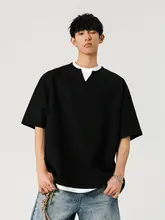 Tシャツ 半袖 ユニセックス ワッフル生地 パッチワーク フェイクレイヤード オーバーサイズ ヴィンテージ 夏 ペア