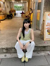 おしゃれなバイカラー吊りテンプルトップス【夏用・ハイウエスト・ワイドパンツ】（セットアップ対応）