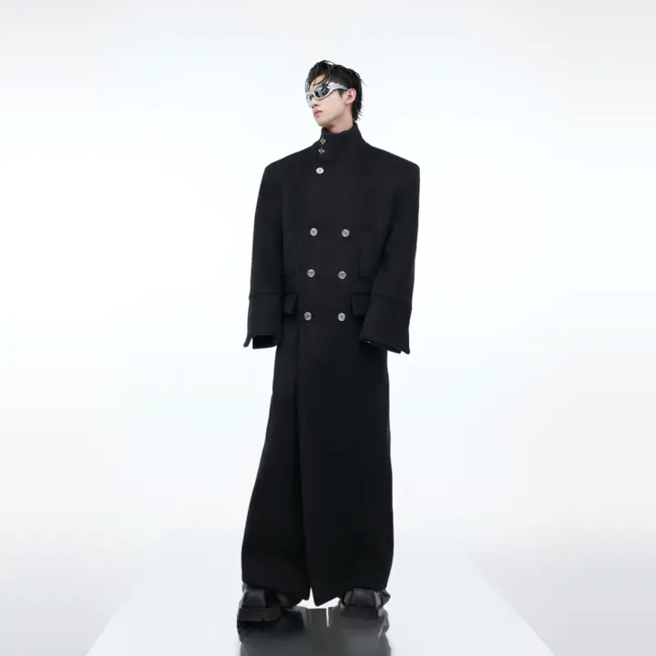 金属フロントボタン付き立襟ウールロングコート【メンズ・トレンディなシルエット・膝丈】